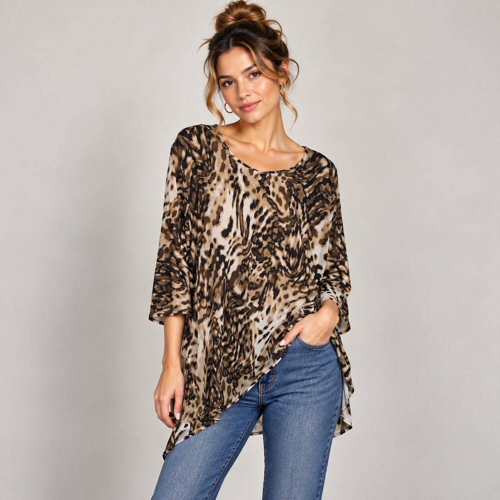 Susan Graver Liquid Knit Blouse Women's Size 2X Asymmetrical Animal Print Office